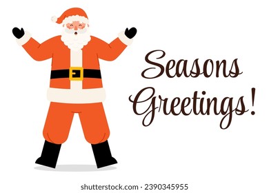 Christmas greeting card with happy Santa Claus character. Seasons greetings text. Vector banner for holiday design in flat style on white background