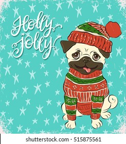 Christmas greeting card with happy winter pug dog wearing in the knitted sweater, vector illustration