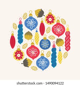 Christmas greeting card with hazelnuts, balls, snow, bauble and cones on beige background. Circle ornament. Perfect for winter holidays