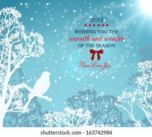 Christmas greeting card. Holiday background with winter landscape and snowfall. Vector illustration.
