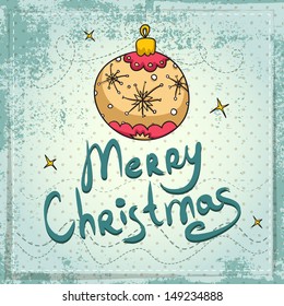 Christmas greeting card with holiday ball and flakes. Bright and cute illustration. Vector file is easy to change colors and edit.