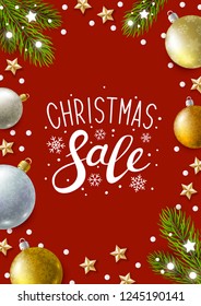 Christmas greeting card with holiday decor on red background