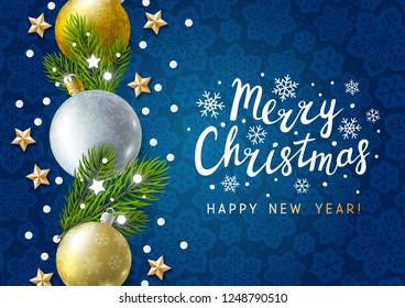 Christmas greeting card with holiday decor on red background