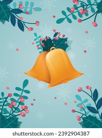 Christmas greeting card with holiday decoration and golden bells. Vector illustration.