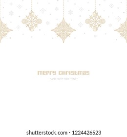 Christmas greeting card. Holiday dotted toys hanging on white background. Christmas tree decorations and snowflakes. Vector illustration.