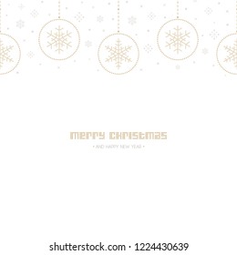 Christmas greeting card. Holiday dotted signs and symbols hanging on white background. Christmas tree balls, decorations and snowflakes. Vector illustration.