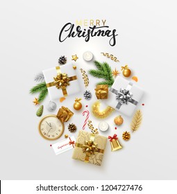 Christmas greeting card with holiday objects. Merry Christmas and happy new year. Background with gift box and balls design. Postcard with clocks, candles and fir branches. Xmas decoration elements.