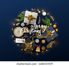 Christmas greeting card with holiday objects. Merry Christmas and happy new year. Background with gift box and balls design. Postcard with clocks, candles and fir branches. Xmas decoration elements.
