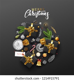 Christmas greeting card with holiday objects. Merry Christmas and happy new year. Background with gift box and balls design. Postcard with clocks, candles and fir branches. Xmas decoration elements.