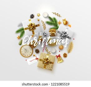 Christmas greeting card with holiday objects. Merry Christmas and happy new year. Background with gift box and balls design. Postcard with clocks, candles and fir branches. Xmas decoration elements.