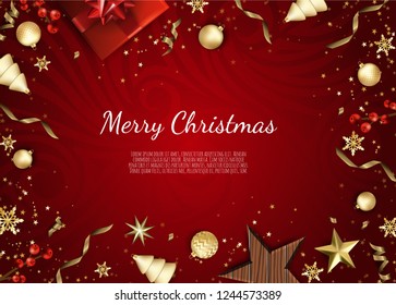 Weihnachtsgrußkarte mit Ferienobjekten. Frohe Weihnachten und glückliches neues Jahr. Hintergrund mit Geschenkbox und Bälle-Design.