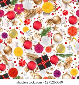 Christmas greeting card with holiday objects on white table. Background with gift boxes and other stuff. Xmas decoration seamless pattern
