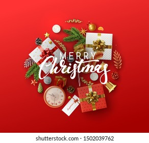 Christmas greeting card with holiday objects. Merry Christmas and happy new year. Background with gift box and balls design. Postcard with clocks, candles and fir branches. Xmas decoration elements.