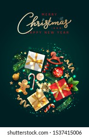 Christmas greeting card with holiday objects. Merry Christmas and happy new year. Background with gift box and balls design. Postcard with candy, candles and fir branches. Vector illustration