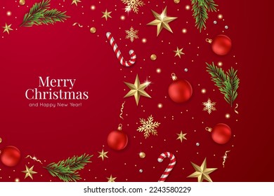 Tarjeta de felicitación de Navidad con objetos de vacaciones. Feliz Navidad y feliz año nuevo. Fondo con copos de nieve dorados, estrellas y bolas. Postal con velas y ramas de abeto. Elementos decorativos de Navidad.