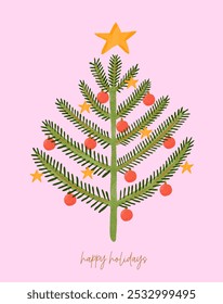 Christmas Greeting Card. Holly Jolly. Christmas Tree Red Baubles and Yellow Stars on a Pastel Pink Background. Cute Hand Drawn Xmas Illustration.  Infantile Drawing-like Christmas Cards. RGB.