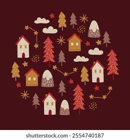 Christmas greeting card with house, fir trees, stars, clouds, snowflakes, mountains on dark red background. Circle ornament. Perfect for seasonal holidays and winter decorations. Vector illustration