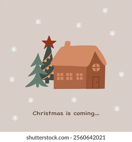 Christmas greeting card with house, christmas tree and snowfall. Winter holiday. Merry Christmas and Happy New Year. Hand drawn vector illustration