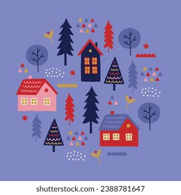 Christmas greeting card with houses, fir trees, snowflakes, plant on violet background. Circle ornament. Perfect for seasonal holidays and decorations. Vector illustration