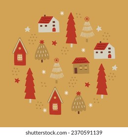Christmas greeting card with houses, stars, fir trees, snowflakes on gold background. Circle ornament. Perfect for seasonal holidays and decorations. Vector illustration