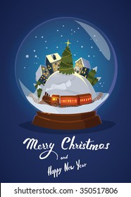 Christmas Greeting Card With Houses And Train In Glass Snowball