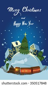 Christmas Greeting Card With Houses and Train