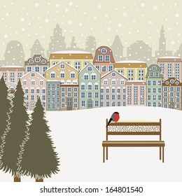 Christmas greeting card with houses in winter