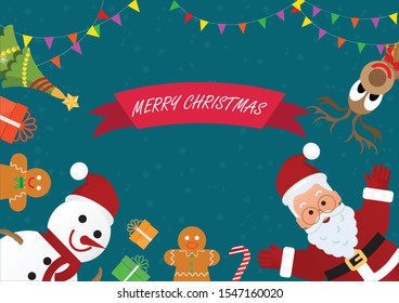 Christmas greeting card with christmas icons, christmas santa claus, snowman, reindeer, gingerbread with gifts, Christmas and new year decoration Vector illustration.