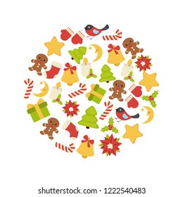 Christmas greeting card with christmas icons. Set of Christmas and New Year elements.