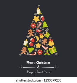 Christmas greeting card with christmas icons. Set of Christmas and New Year elements.