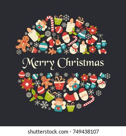Christmas greeting card with christmas icons. Set of Christmas and New Year elements.