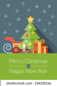 Christmas greeting card, icons and symbols, christmas tree, snowflakes, gift box, santa elements vector background