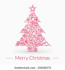 Christmas greeting card, icons and symbols, christmas tree, snowflakes, gift box, santa elements vector background