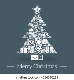 Christmas greeting card, icons and symbols, christmas tree, snowflakes, gift box, santa elements vector background