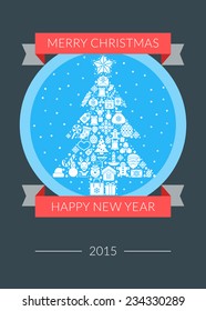 Christmas greeting card, icons and symbols, christmas tree, snowflakes, gift box, santa elements vector background