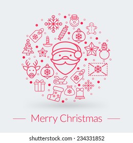 Christmas greeting card, icons and symbols, christmas tree, snowflakes, gift box, santa elements vector background 