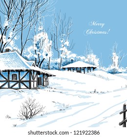 Christmas greeting card idyllic snowy landscape vector illustration