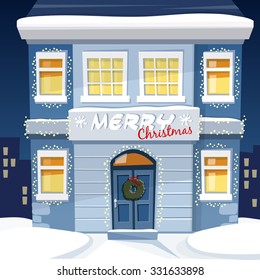 Christmas greeting card with illuminated old house and snowy urban landscape, vector illustration