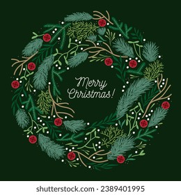 Christmas greeting card. Illustration of the advent wreath with floral decoration