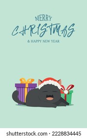 Christmas greeting card illustration with black cat wearing a santa hat while sleeping in front of gift boxes