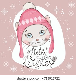 Christmas greeting card with illustration of cute kitten .Its is wearing a knitted hat . Hand drawing