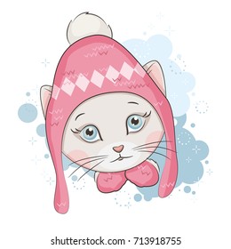 Christmas greeting card with illustration of cute kitten .Its is wearing a knitted hat . Hand drawing