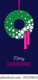 
Christmas greeting card. Illustration of the decorated wreath with Christmas decoration