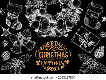 Christmas greeting card. Illustration for a festive Christmas mood. Hand drawn sketch. Vintage design elements. Vector illustration. Invitation design template. Sketch collection.