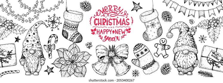 Christmas greeting card. Illustration for a festive Christmas mood. Hand drawn sketch. Vintage design elements. Vector illustration. Invitation design template. Sketch collection.