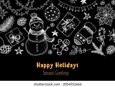 Christmas greeting card. Illustration for a festive Christmas mood. Hand drawn sketch. Vintage design elements. Vector illustration. Invitation design template. Sketch collection.