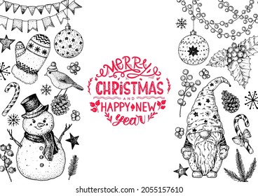 Christmas greeting card. Illustration for a festive Christmas mood. Hand drawn sketch. Vintage design elements. Vector illustration. Invitation design template. Sketch collection.