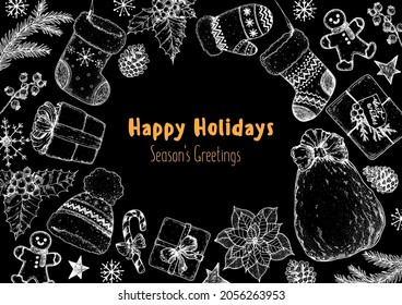 Christmas greeting card. Illustration for a festive Christmas mood. Hand drawn sketch. Vintage design elements. Vector illustration. Invitation design template. Sketch collection.