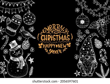 Christmas greeting card. Illustration for a festive Christmas mood. Hand drawn sketch. Vintage design elements. Vector illustration. Invitation design template. Sketch collection.