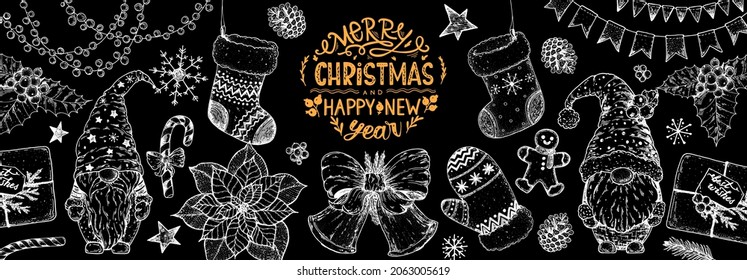 Christmas greeting card. Illustration for a festive Christmas mood. Hand drawn sketch. Vintage design elements. Vector illustration. Invitation design template. Sketch collection.